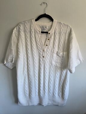 Miss Orly Cable Knit Short Sleeve Sweater Top White Cotton Ramie Henley Pocket L